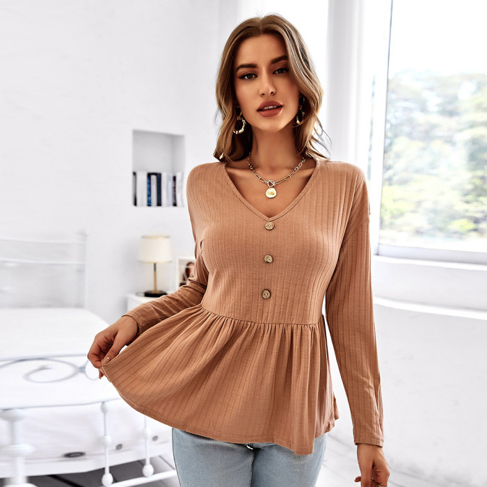 V-Neck Simple Loose Solid Color Button Blouses & Shirts