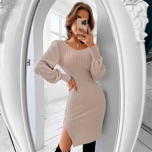 Knit Bottoming Sexy Crew Neck Backless Balloon Sleeves Bodycon Dresses