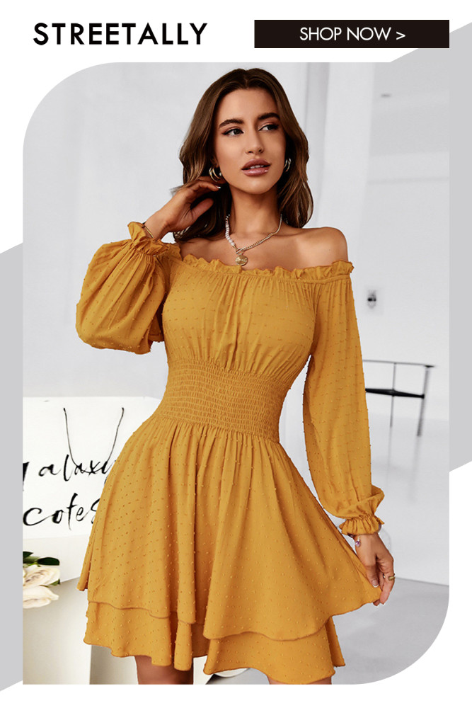 Solid Color One-Shoulder Long Sleeves Nipped Waist Casual Dresses