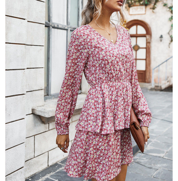 Floral Crew Neck Sweet V-Neck Neck Waist Long Sleeves Casual Dresses