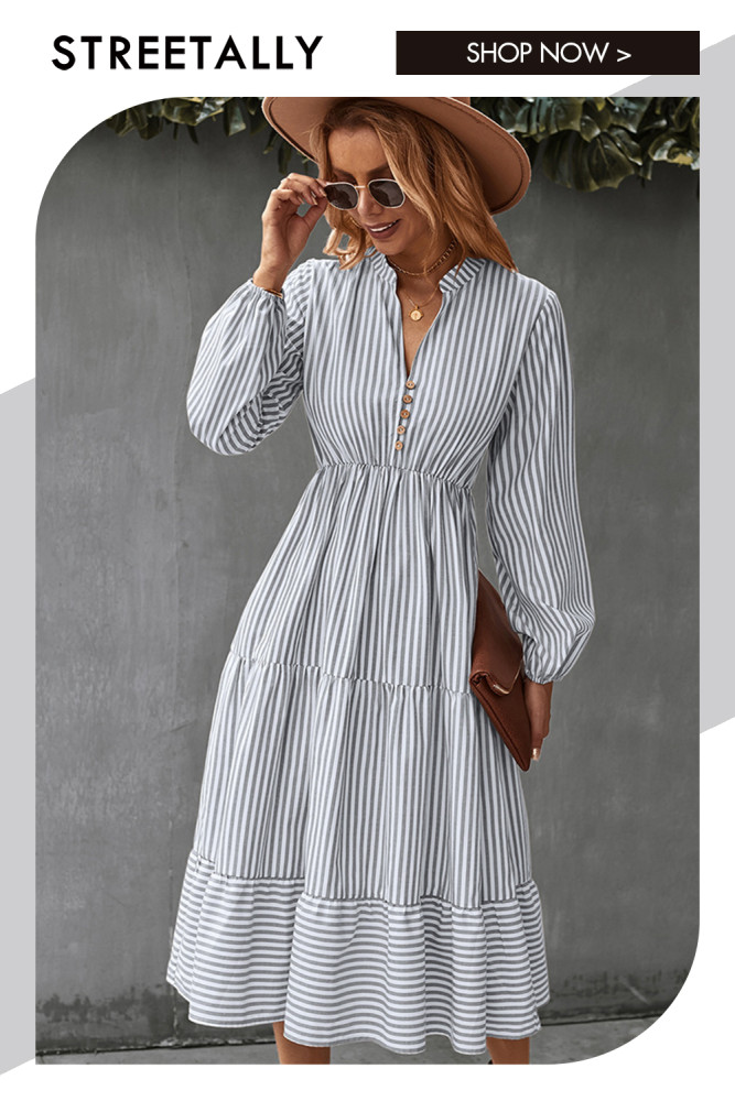 Elegant And Elegant Striped V-neck High-waisted Swing Midi Dresses