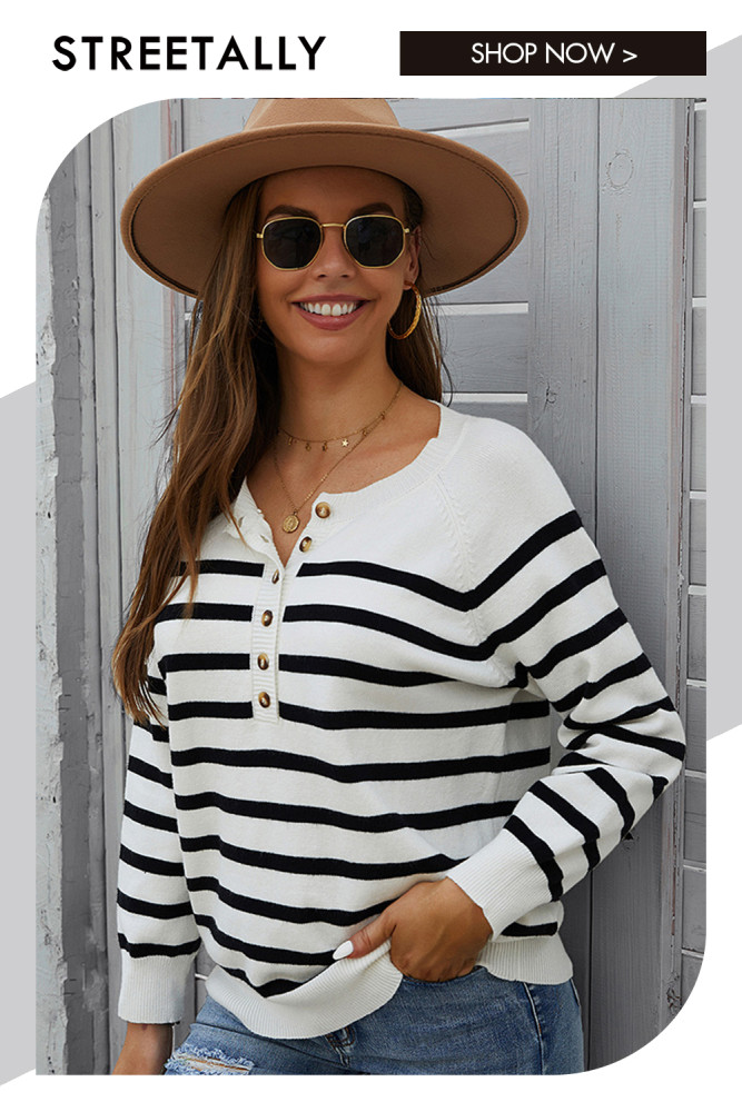 Striped Button Crew Neck Casual Long Sleeves Sweaters & Cardigans