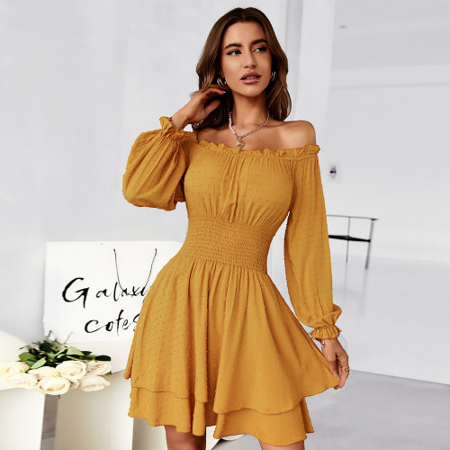 Solid Color One-Shoulder Long Sleeves Nipped Waist Casual Dresses