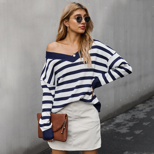 V-neck Striped Temperament Warm Contrast Color Loose Casual  Sweaters & Cardigans