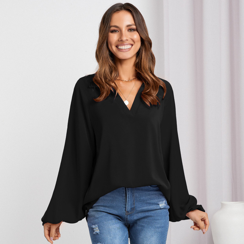 Solid Color V-Neck Loose Balloon Sleeves Elegant Blouses & Shirts