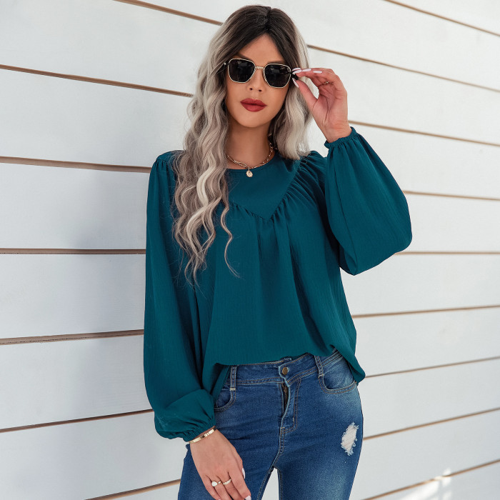 Solid Crew Neck Pullover Sleeves Loose Blouses & Shirts