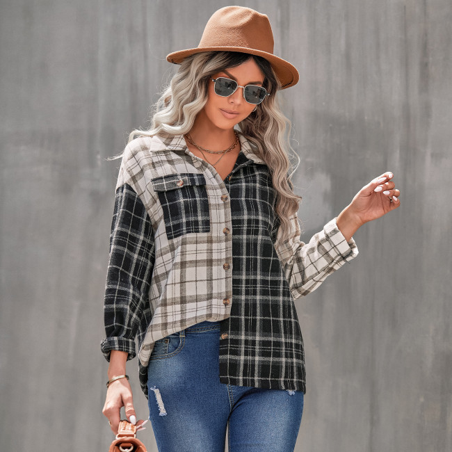 Lapel Check Long Sleeve Cardigan Loose Blouses & Shirts