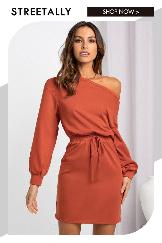Fashion Sloping Shoulder Round Neck Waist Slim Fit Solid Color Mini Dresses