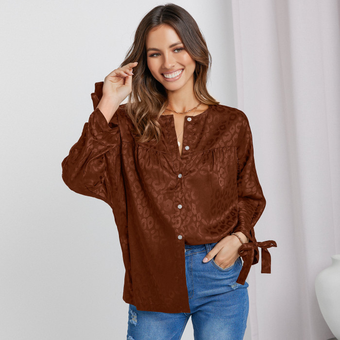 Fashion Casual Crew Neck Print Single Breasted Tie Blouses & Shirts