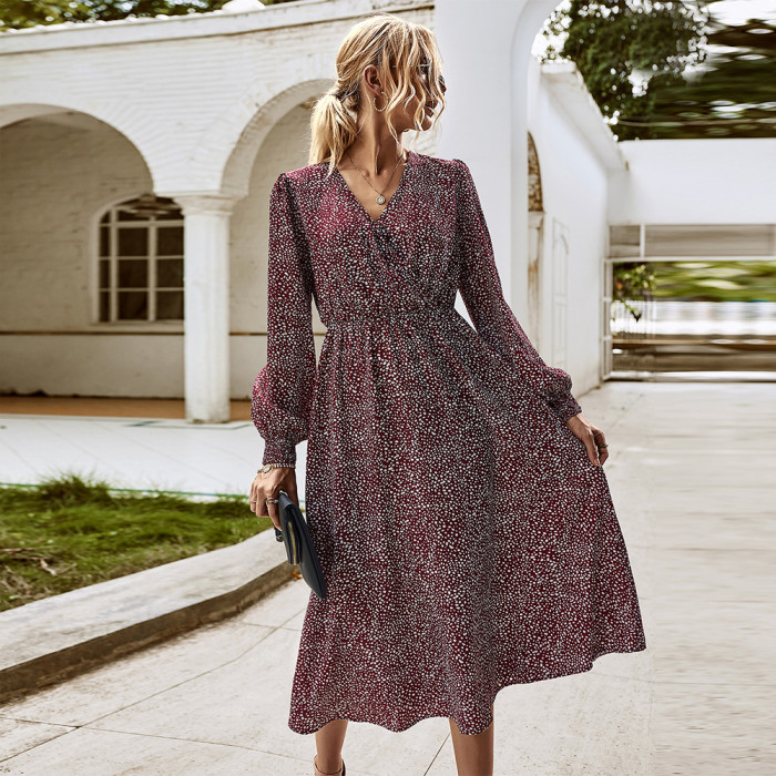 Long Sleeve Elegant Floral V-Neck High Waist Tie Midi Dresses