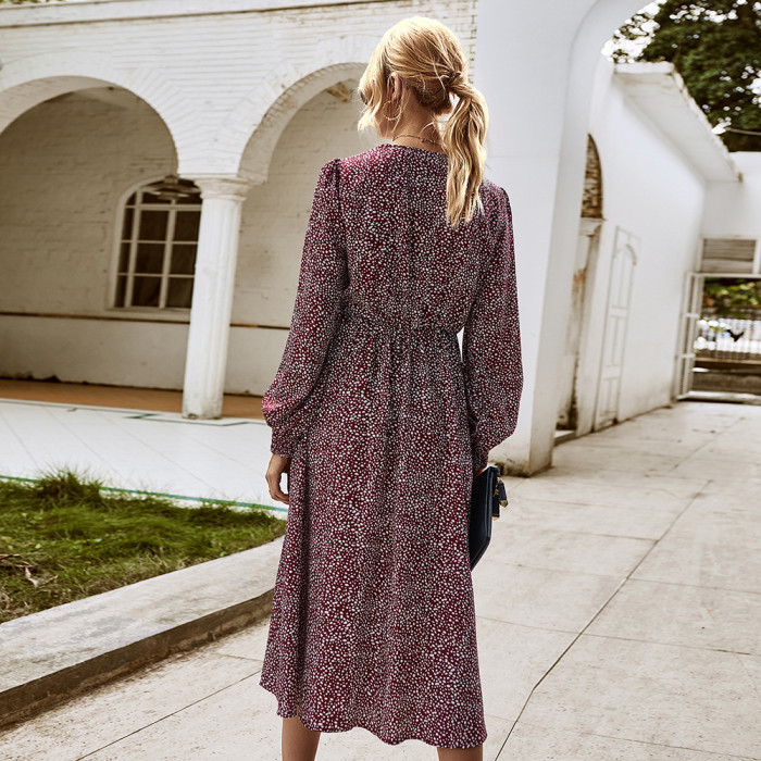 Long Sleeve Elegant Floral V-Neck High Waist Tie Midi Dresses