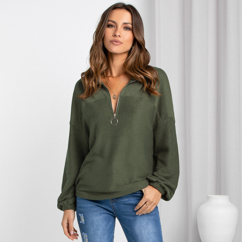 Casual Zip Pullover V-Neck Solid Loose Hoodies & Sweatshirts