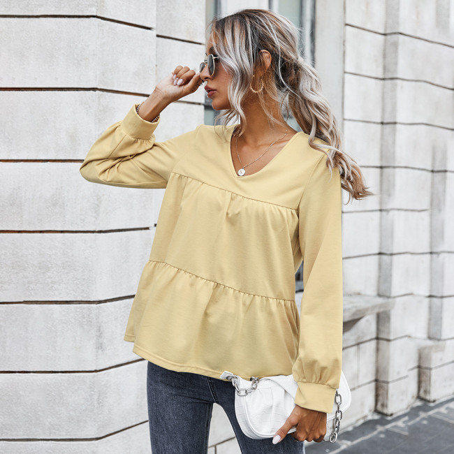 Casual Solid V-Neck Long Sleeve Panel Blouses & Shirts