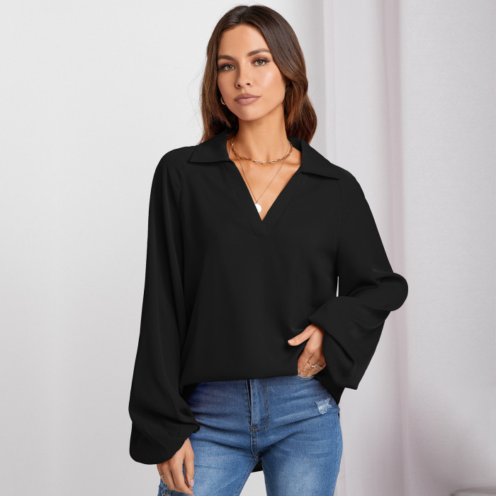 Solid Color V-Neck Loose Balloon Sleeves Elegant Blouses & Shirts