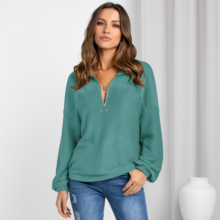 Casual Zip Pullover V-Neck Solid Loose Hoodies & Sweatshirts