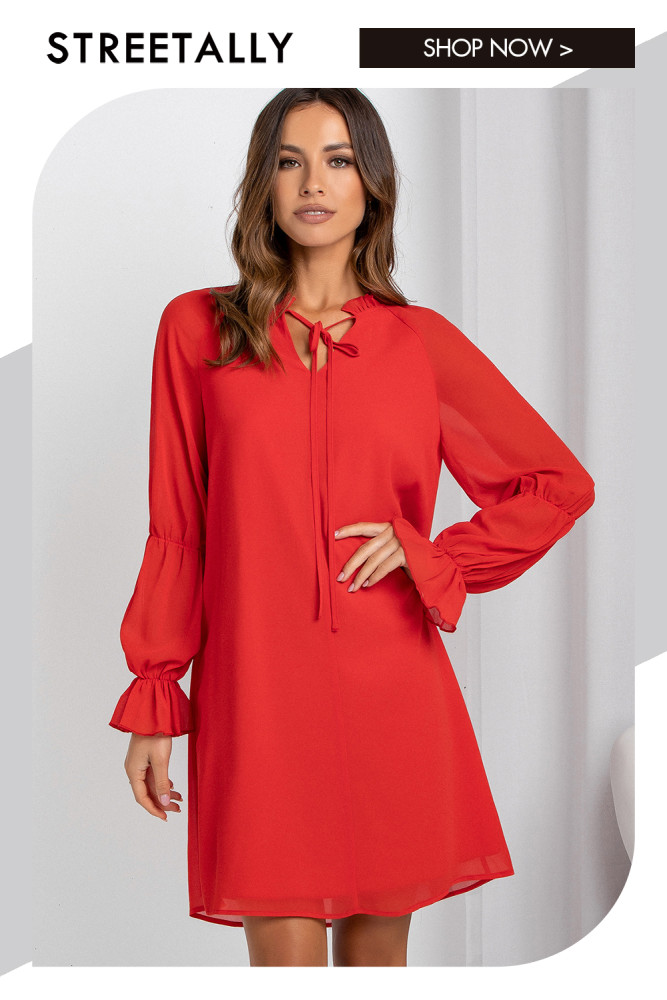 Loose Flared Sleeves Solid Cutout V-Neck Tie Casual Dresses