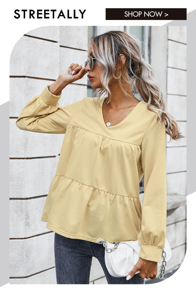 Casual Solid V-Neck Long Sleeve Panel Blouses & Shirts
