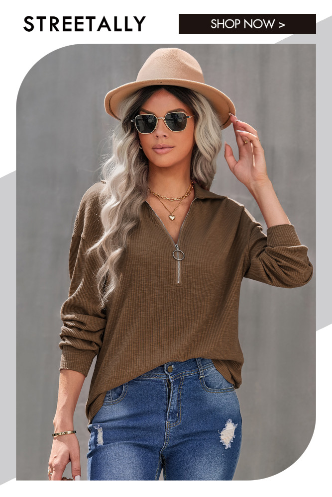 Casual Lapel Pullover Knit Solid Zip Hoodies & Sweatshirts