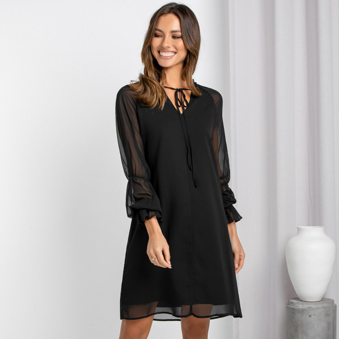 Loose Flared Sleeves Solid Cutout V-Neck Tie Casual Dresses