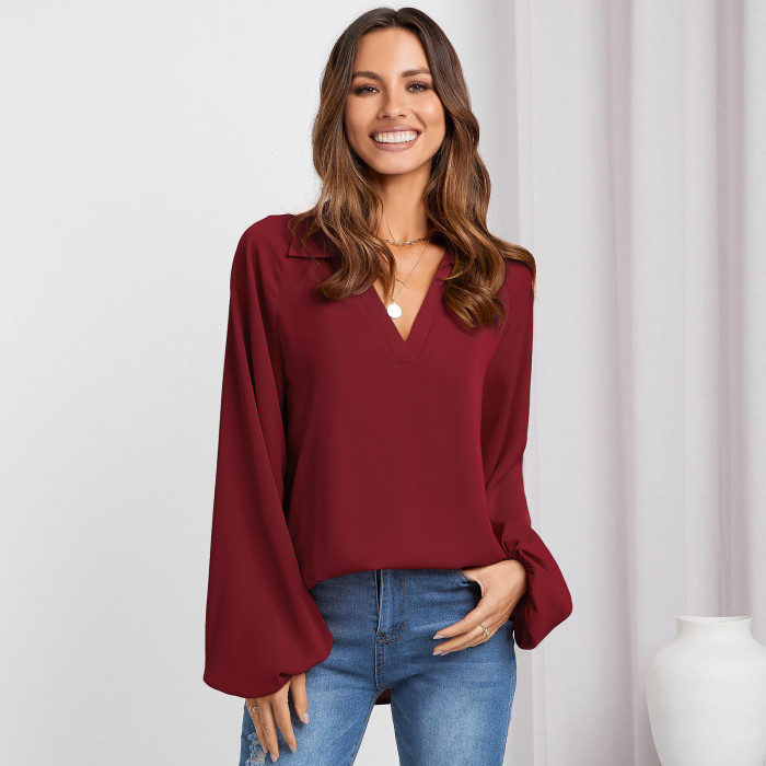 Solid Color V-Neck Loose Balloon Sleeves Elegant Blouses & Shirts