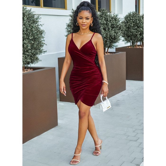 Suspender Solid Color Backless Sexy Velvet Bodycon Dresses