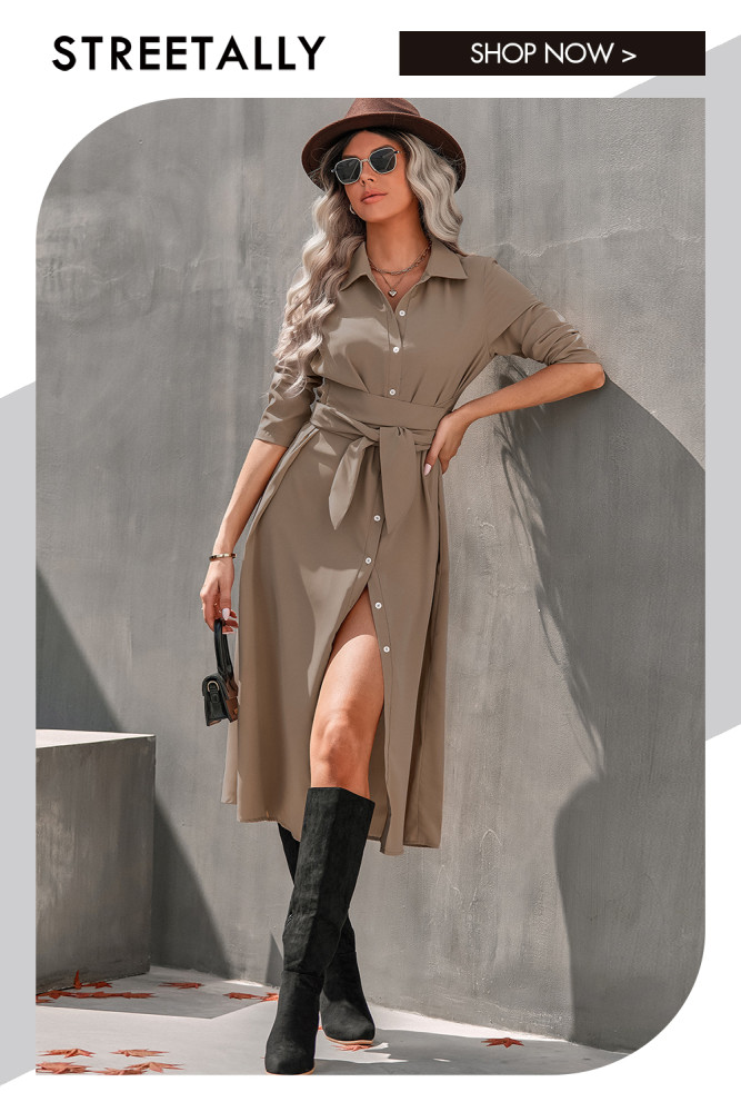 Slim Fit Single Breasted Lapel Tie Solid Shirt Midi Dresses