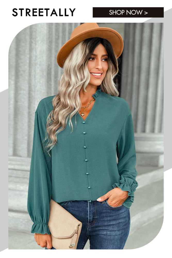 V-Neck Fashion Button Solid Color Long Sleeve Elegant Blouses & Shirts