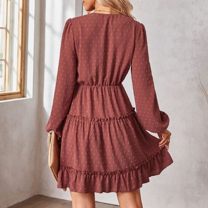 Fashionable V-Neck Long Sleeves with Fungus Trimmed Waist Casual Dresses