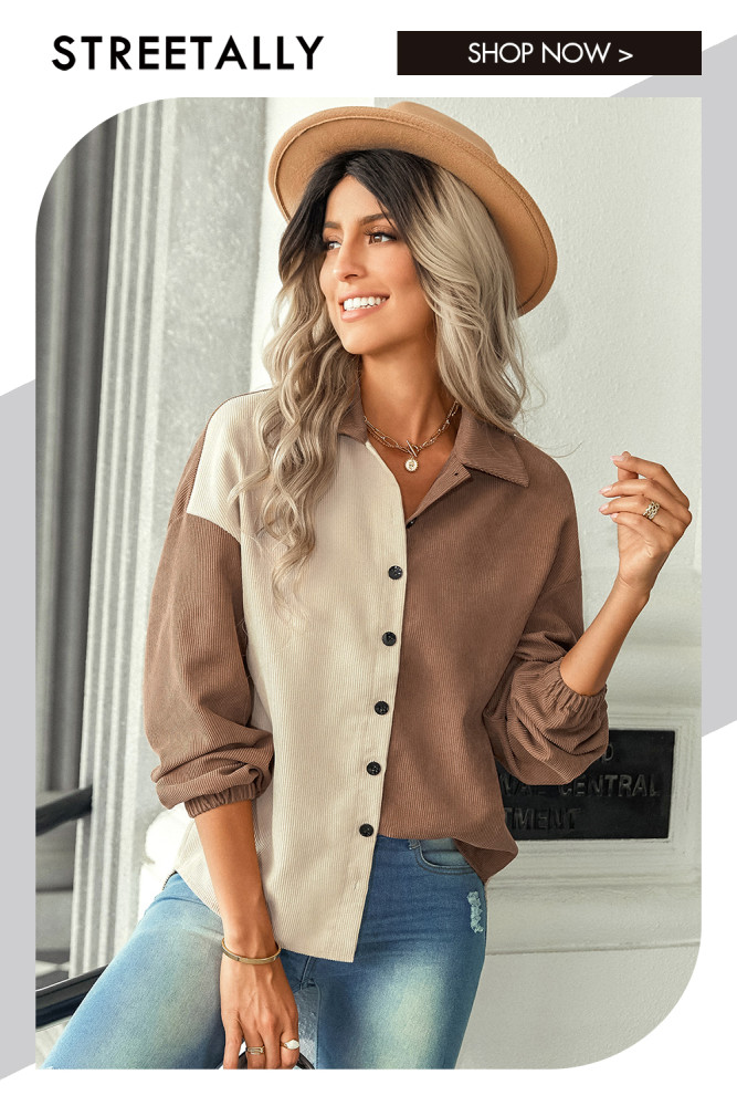 Contrast Loose Lapel Panel Solid Casual Blouses & Shirts