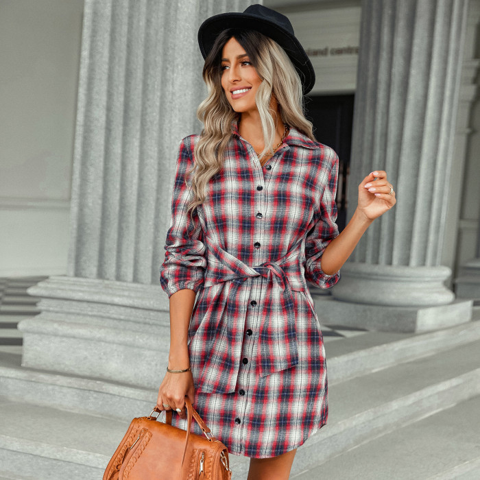 Fashion Plaid Tie Waist Lapel Shirt Casual Dresses