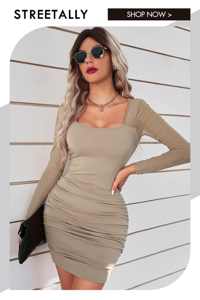 Fashion Square Neck Slim Long Sleeve Mid Waist Solid Bodycon Dresses