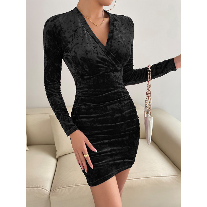 Velvet V-Neck Sexy Slim Fit Solid Bodycon Dresses