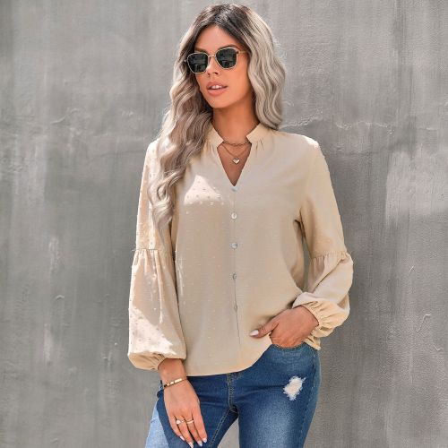 Fashion Polka Dot V-Neck Solid Color Lantern Sleeves Blouses & Shirts