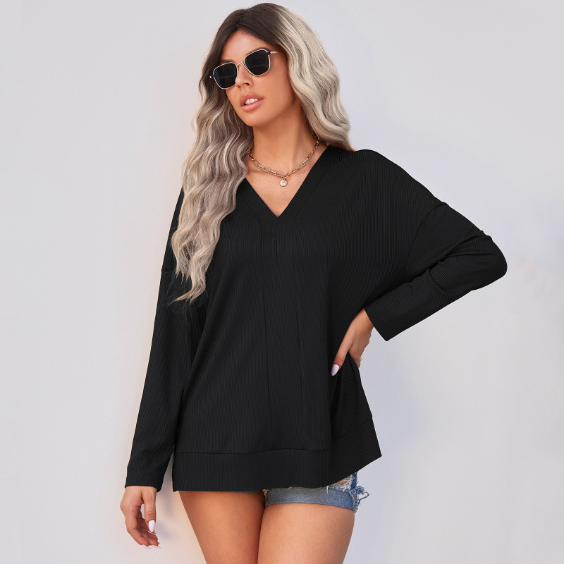 V-Neck Solid Color Pullover Loose Long Sleeve Thin Hoodies & Sweatshirts