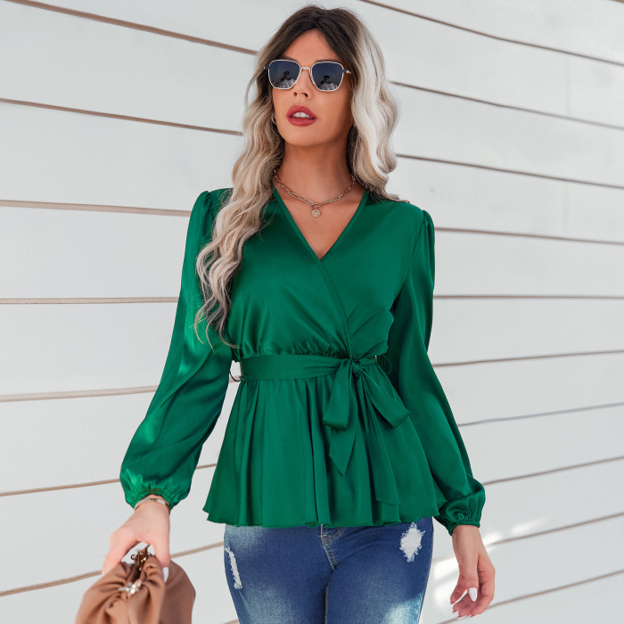 Thin Fashion Lace Up Waist V-Neck Solid Color Blouses & Shirts