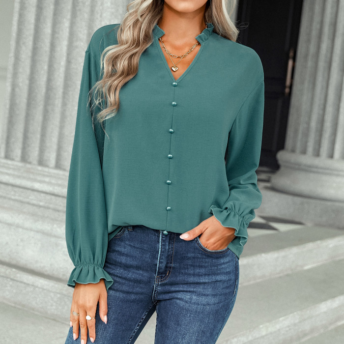 V-Neck Fashion Button Solid Color Long Sleeve Elegant Blouses & Shirts