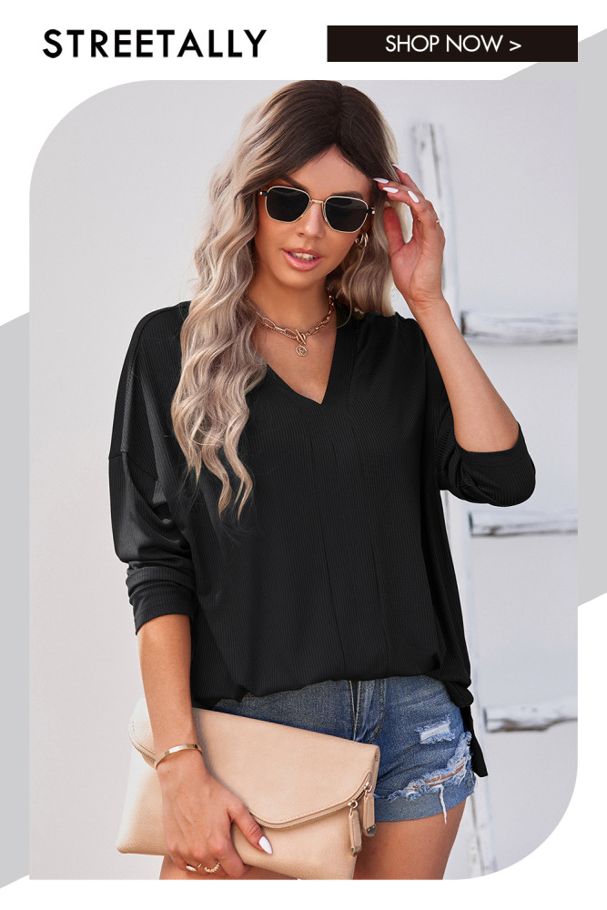 V-Neck Solid Color Pullover Loose Long Sleeve Thin Hoodies & Sweatshirts