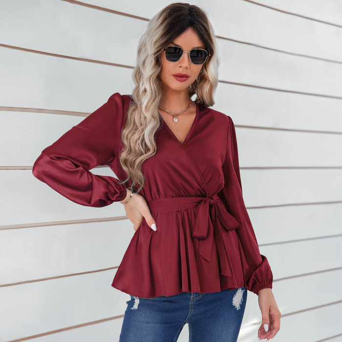 Thin Fashion Lace Up Waist V-Neck Solid Color Blouses & Shirts