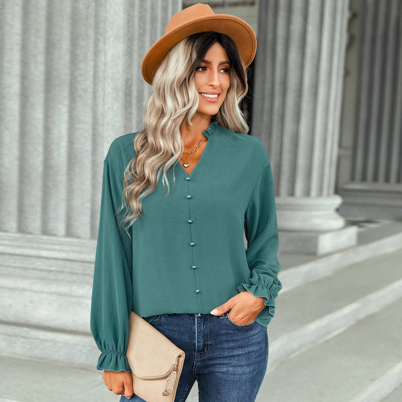 V-Neck Fashion Button Solid Color Long Sleeve Elegant Blouses & Shirts