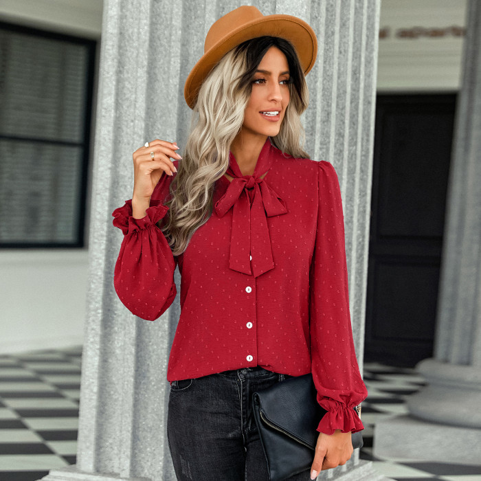 Solid Color Bow Slim Fit Scarf Collar Blouses & Shirts
