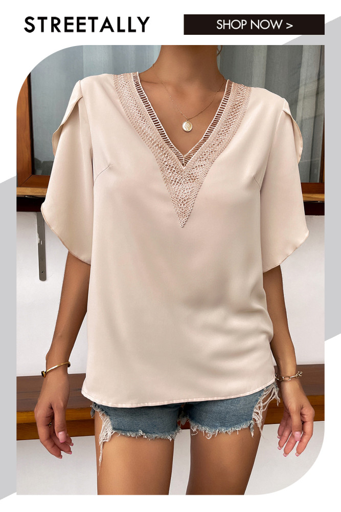 Elegant Lace Solid V-Neck Versatile Blouses & Shirts