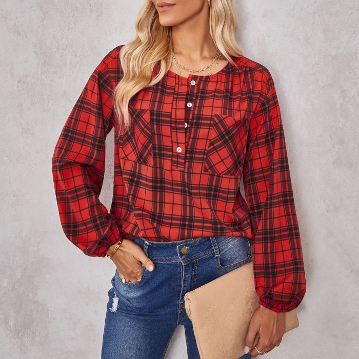 Trendy Plaid Round Neck Single Breasted Loose Blouses & Shirts