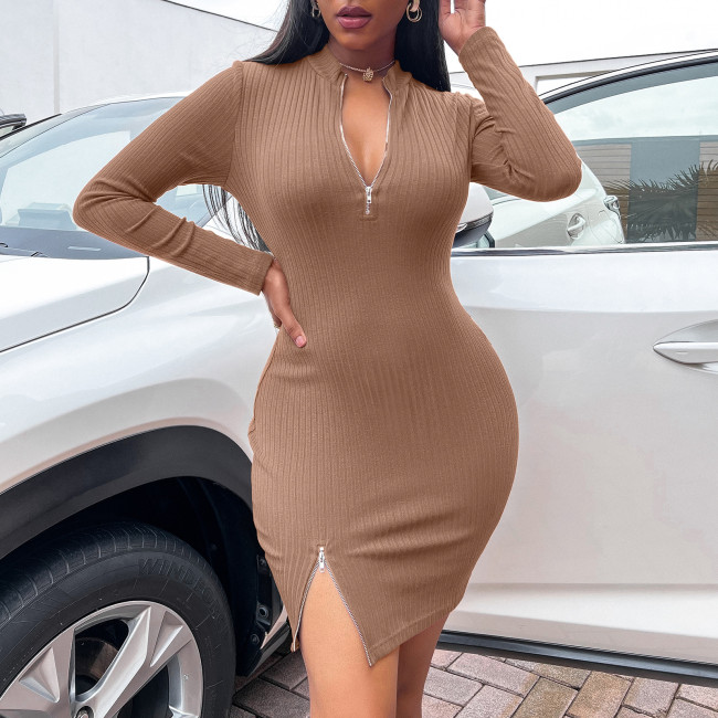 Sexy Split V-Neck Long Sleeves Slim Fit and Elegant Bodycon Dresses