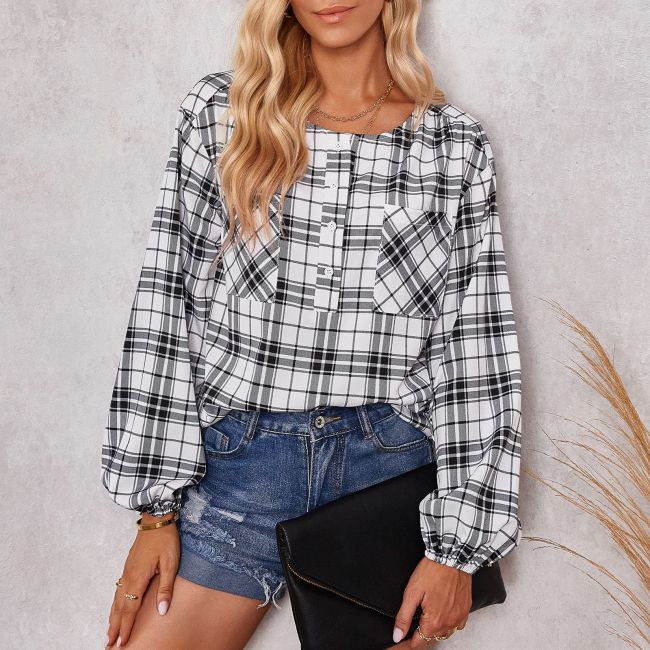 Trendy Plaid Round Neck Single Breasted Loose Blouses & Shirts