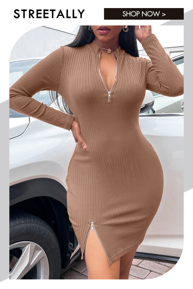 Sexy Split V-Neck Long Sleeves Slim Fit and Elegant Bodycon Dresses