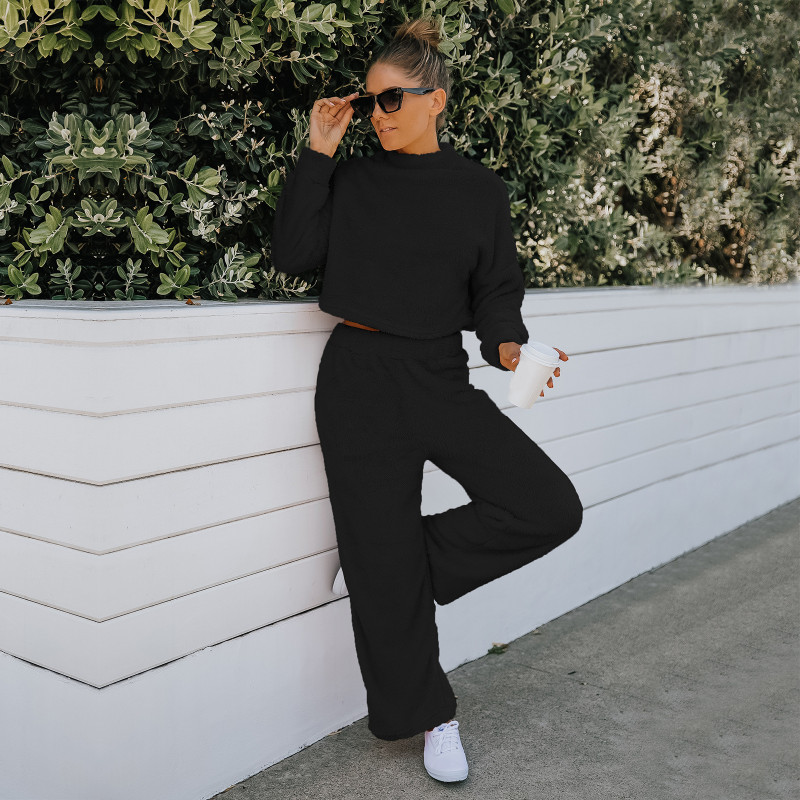 Double Sided Fleece Solid Thermal Top Trousers Two-piece Outfits