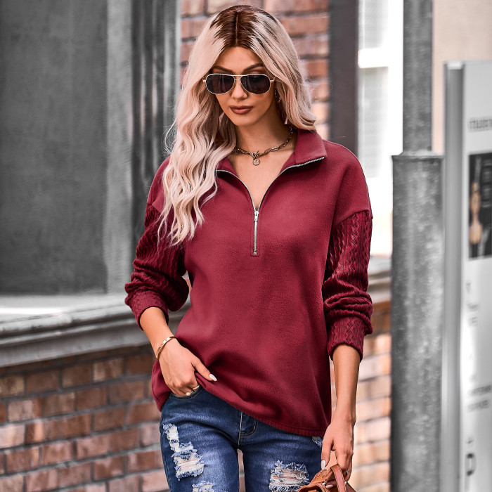 Fashion Knit Sleeves Solid Color Versatile Casual Hoodies & Sweatshirts