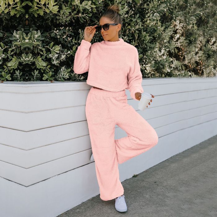 Double Sided Fleece Solid Thermal Top Trousers Two-piece Outfits