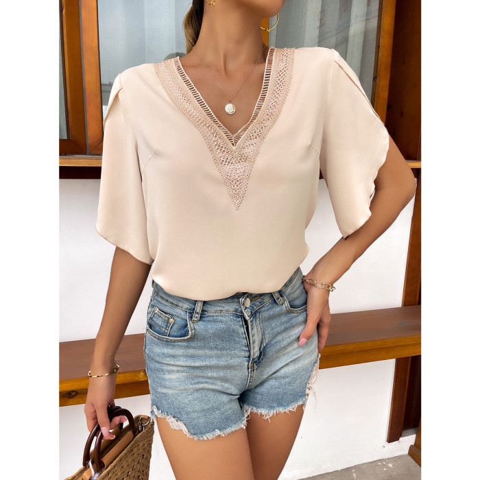 Elegant Lace Solid V-Neck Versatile Blouses & Shirts