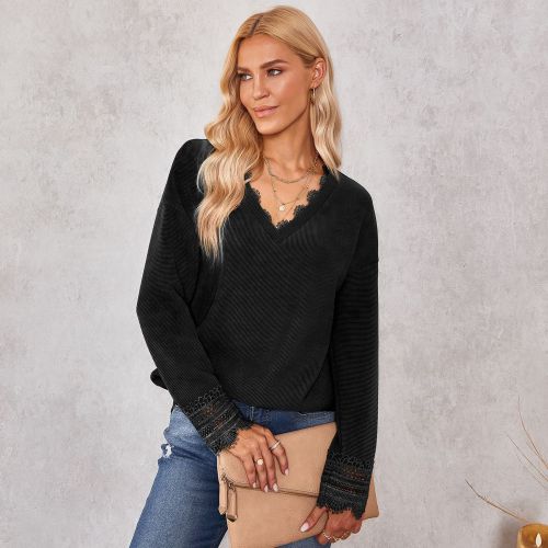 Knit Lace V-Neck Bottom Fashion Solid Hoodies & Sweatshirts